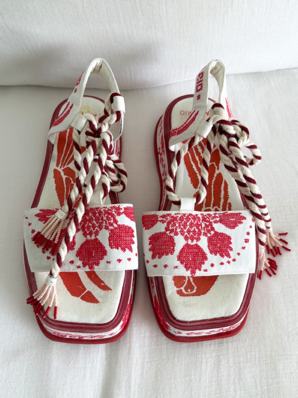 Farm Rio Red & White Embroidered Platform Sandal